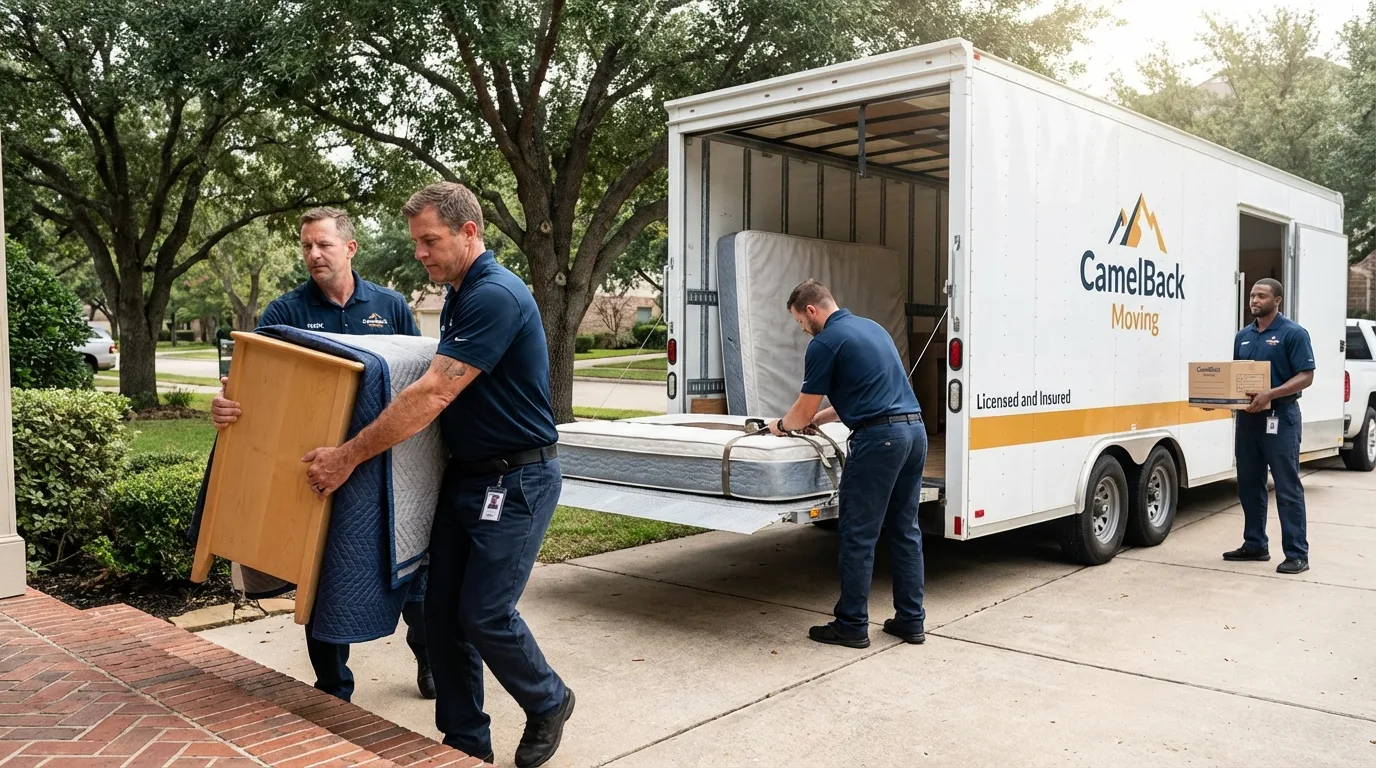 Crew loading residential truck for cross-state move from Prescott, AR