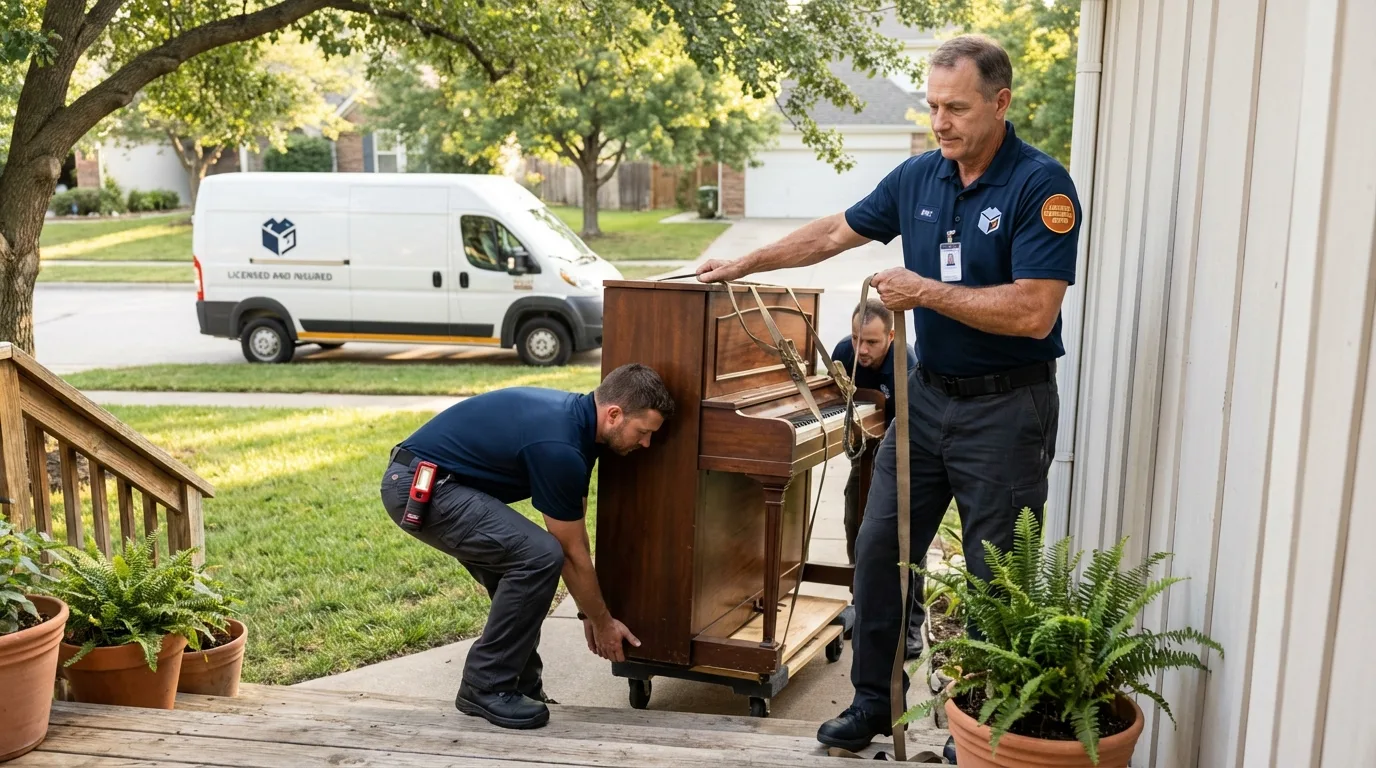 Licensed piano movers securing grand piano in Prescott, AR